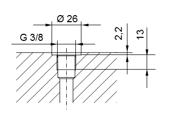 Schema Rohrgewinde ISO 228 Teil 1 - G3/8 für Einschraubzapfen nach DIN 3852 Teil 2, Form A (mit Dichtring nach DIN 3869) oder Form B (mit Dichtkante)